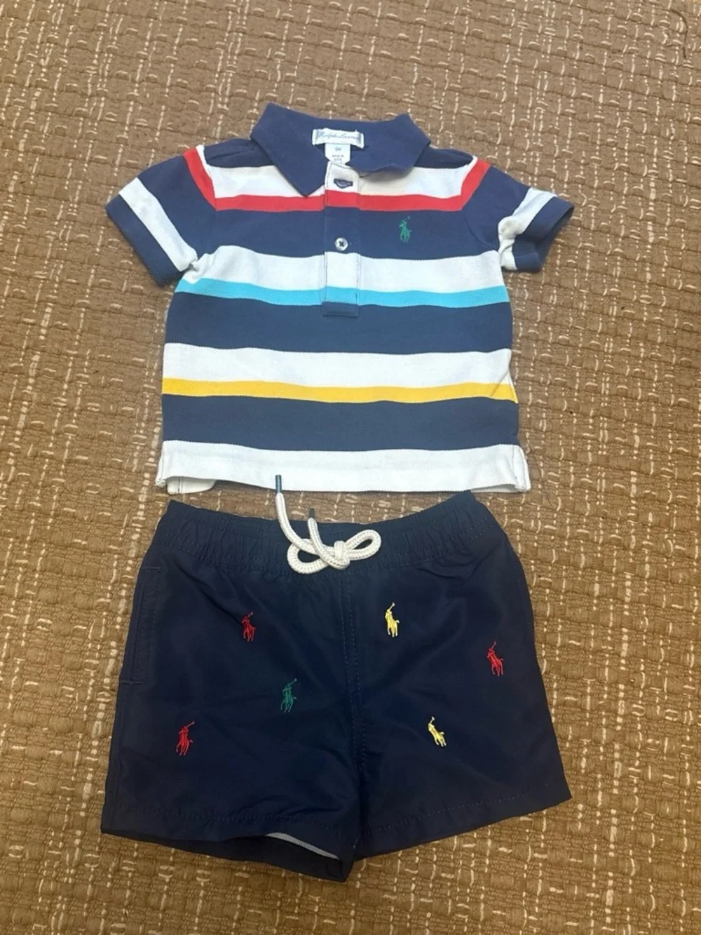 Ralph Lauren Navy Multi-Color Striped Polo and Navy Embroidered Shorts Set